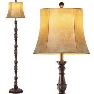Vintage 64 in. Brown Standard Floor Lamp, Retro Resin Carved Standing Lamp with Faux Leather Shade, Rotary Switch