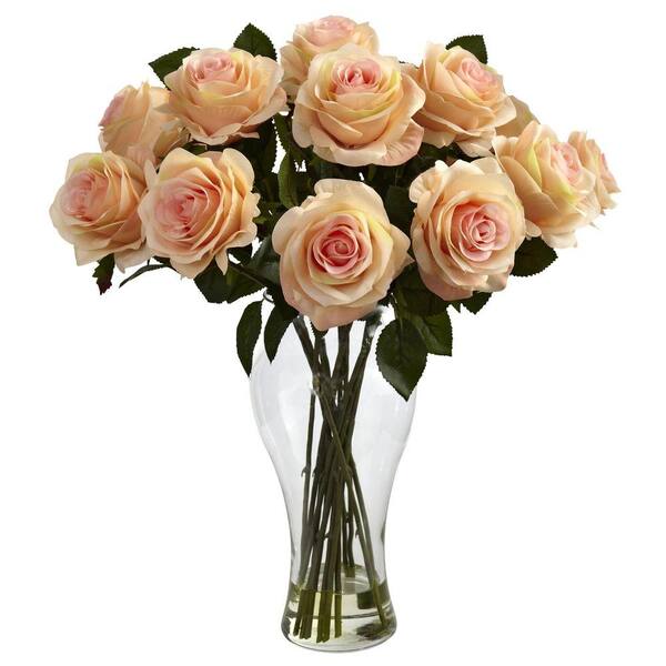Nearly Natural - 18 in. H Peach Indoor Artificial Blooming Roses in Vase