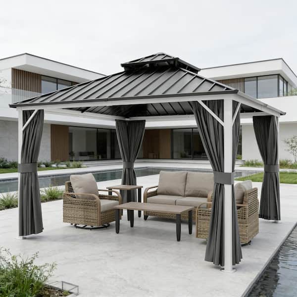 12 ft. W x 12 ft. D Hardtop Gazebo 2-Tier Heavy-Duty Galvanized Steel Roof Aluminum Frame w/ Net Mesh Privacy Curtain