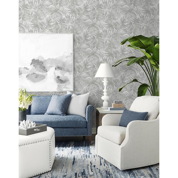 60.75 sq. ft. Coastal Haven Argos Grey Cordelia Tossed Palms Embossed Vinyl Unpasted Wallpaper Roll