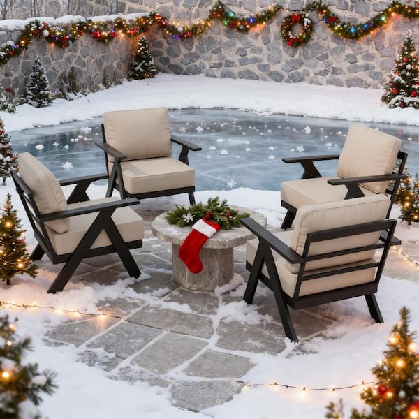 Modern Black Rust-Resistant Metal Frame Outdoor Lounge Chair with Beige Cushions (Set of 4)