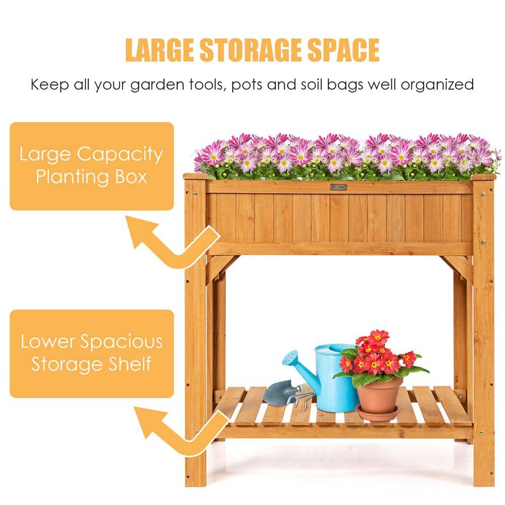 Natural Fir Wood Raised Garden Bed with Liner and Shelf
