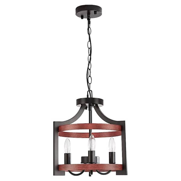 TAIFOND 3-Light Matte Black Chandelier with Walnut Wood Finish