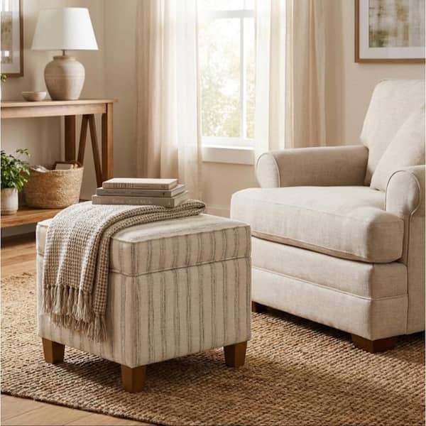 Gray and Cream Stripe Fabric Square Storage Ottoman with Lift Off Top