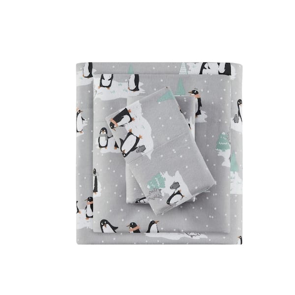 TRUE NORTH Cozy Cotton Flannel 3-Piece Grey Penguins Cotton Twin Printed Sheet Set