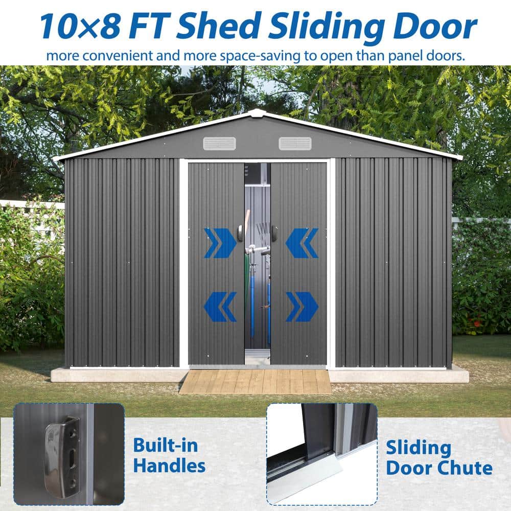 10' x 8' Gray Metal Outdoor Storage Shed with Double Doors