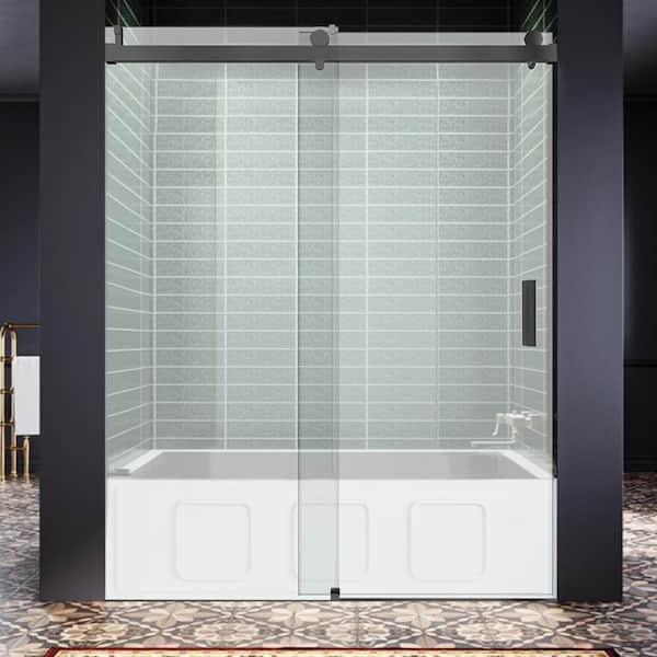 ANGELES HOME 66-72 in W. x 76 in H. Frameless Single Sliding Soft Close Shower Door in Matte Black,3/8 in.(10 mm) Tempered Glass