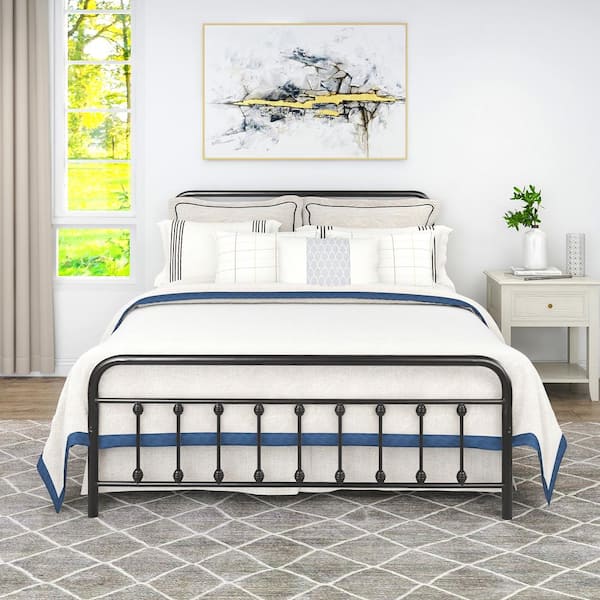 Black Queen Size Iron Bed Frame, White Antique Headboard Queen Size