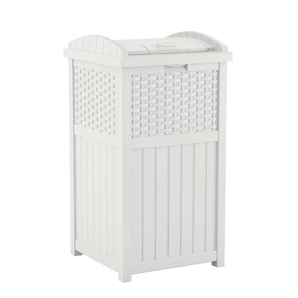 33 Gal. Hideaway Trash Can for Patio Resin Outdoor Trash with Lid - Use in Backyard, Deck, or Patio White