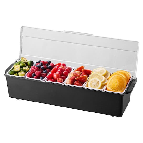 Chilled Condiment Server, 6 Compartment Ice Cooled Condiment Serving Container, Chilled Garnish Tray Bar Caddy with Lid
