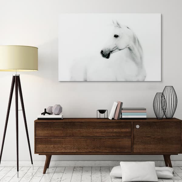 Empire Art Direct 48 in. x 32 in. "Blanco Stallion Horse" Frameless Free Floating Tempered Glass Panel Graphic Art Wall Art