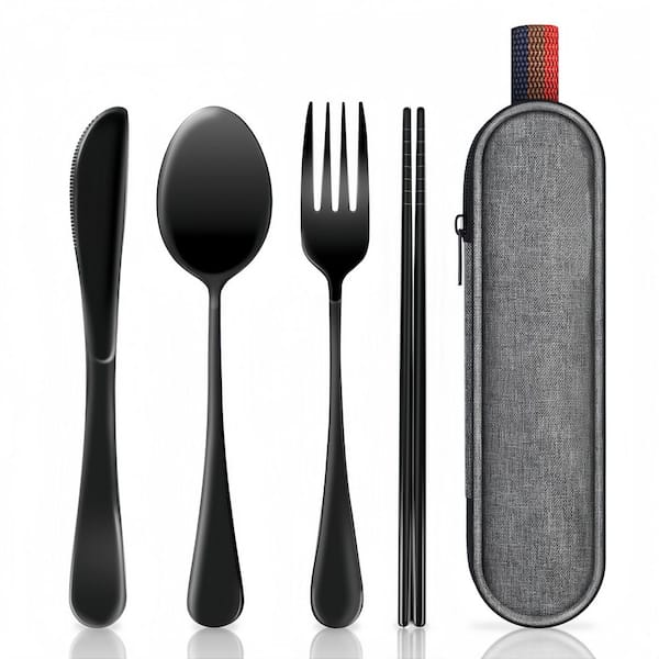 18/8 Stainless Steel Travel Cutlery Set with Portable and Case for Work, Camping, Picnic, and Lunch Box, Black (5-Pack)