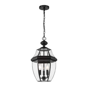 3-Light Black Outdoor Pendant Light with Clear Beveled Glass Shade