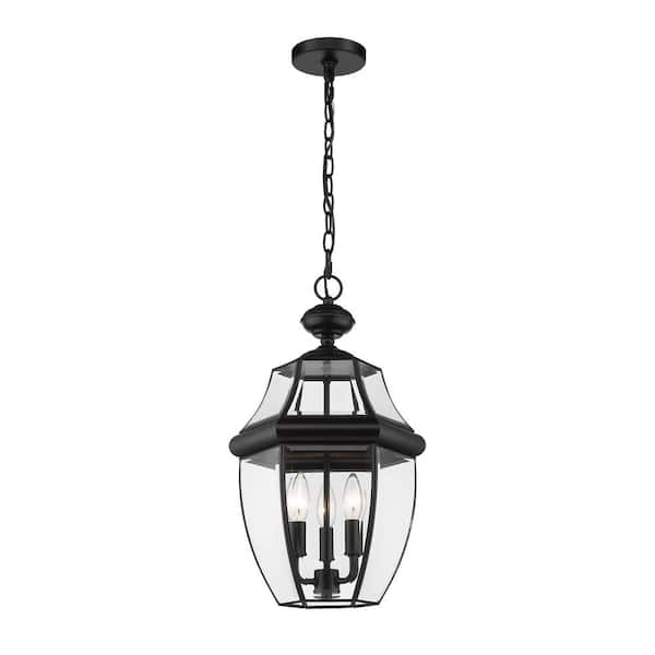 Unbranded 3-Light Black Outdoor Pendant Light with Clear Beveled Glass Shade