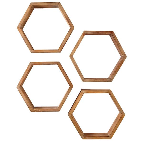 Unbranded 4 in. x 18.25 in. Hexagonal Brown Wood Decorative Shelves (Set of 4)