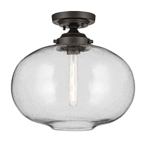 Avery 14.5 in. 1-Light Olde Bronze Hallway Vintage Industrial Semi-Flush Mount Ceiling Light with Clear Seeded Glass