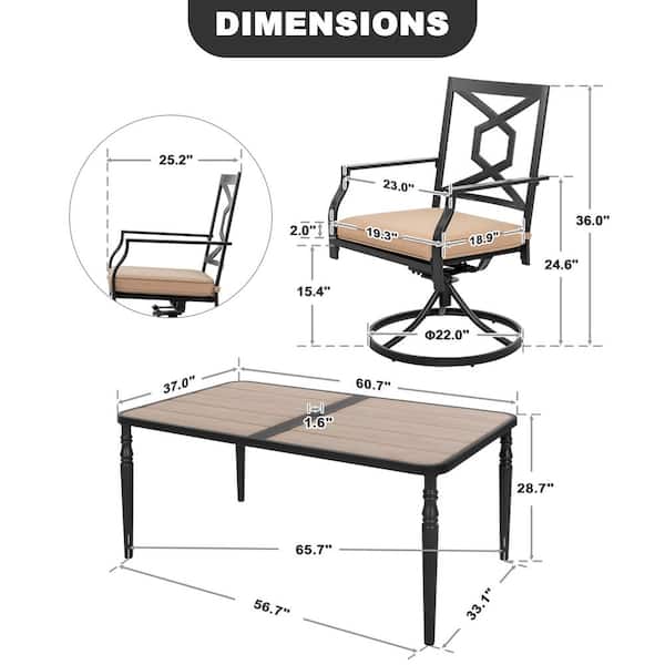 Black 7-Piece Metal Rectangular Outdoor Dining Set with Beige Cushions and Umbrella Hole, Swivel Chairs