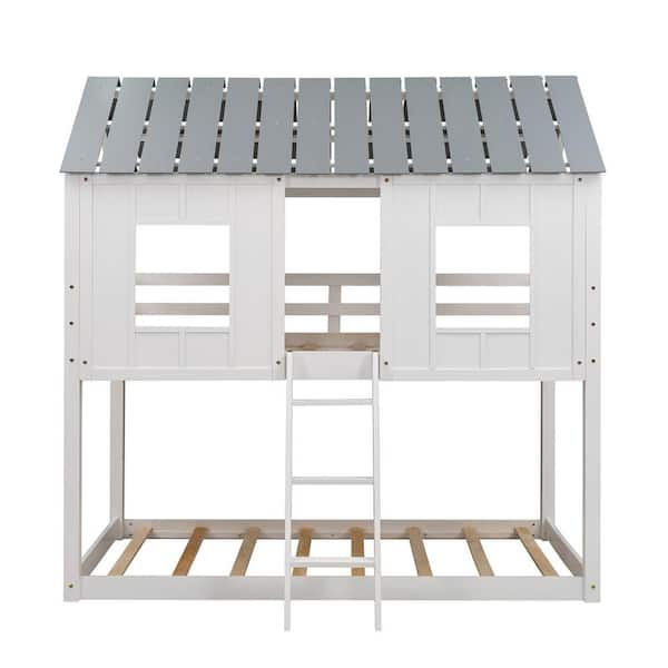 Angel Sar White Twin Size Low Bunk Beds with Roof and Fence-Shaped ...