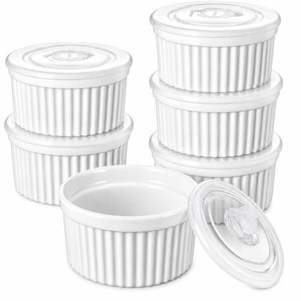 6-Piece White 6 oz. Ramekins with Lid, Porcelain Creme Brulee Souffle Dishes, Dishwasher and Oven Safe