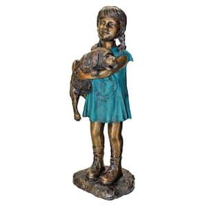 35 in. H Cast Bronze Can I Keep Him Girl and Dog Garden Statue