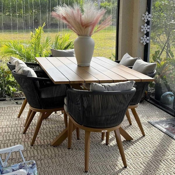 Teak-Finish 7-Piece Wicker Square Aluminum Frame Outdoor Dining Set and Pillows with Beige Cushions