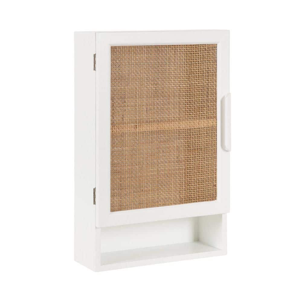White and Natural Rattan Wall Cabinet with Storage Cubby