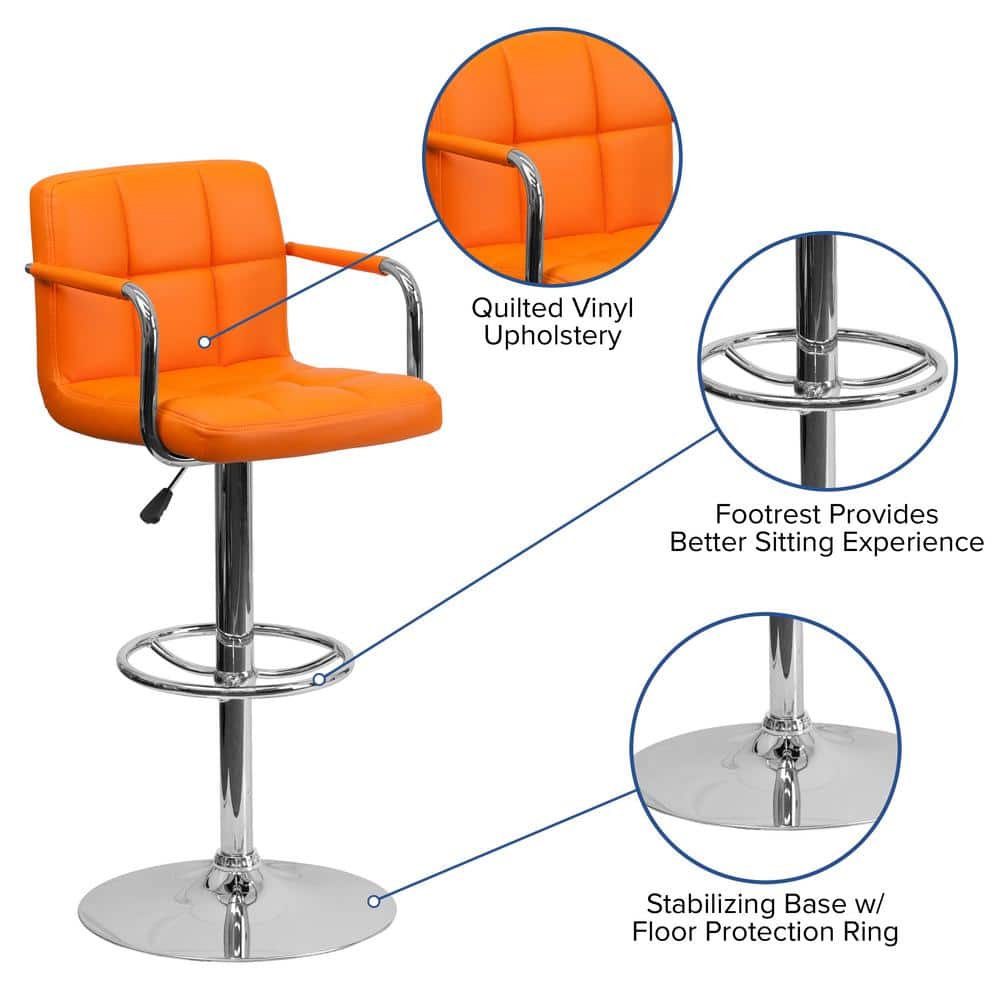 Contemporary Orange Quilted Vinyl Adjustable Swivel Barstool with Chrome Base