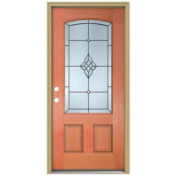 JELD-WEN 36 in. x 80 in. Rosemont Camber Top 3/4 Lite Unfinished Mahogany Prehung Front Door with Brickmould and Patina Caming