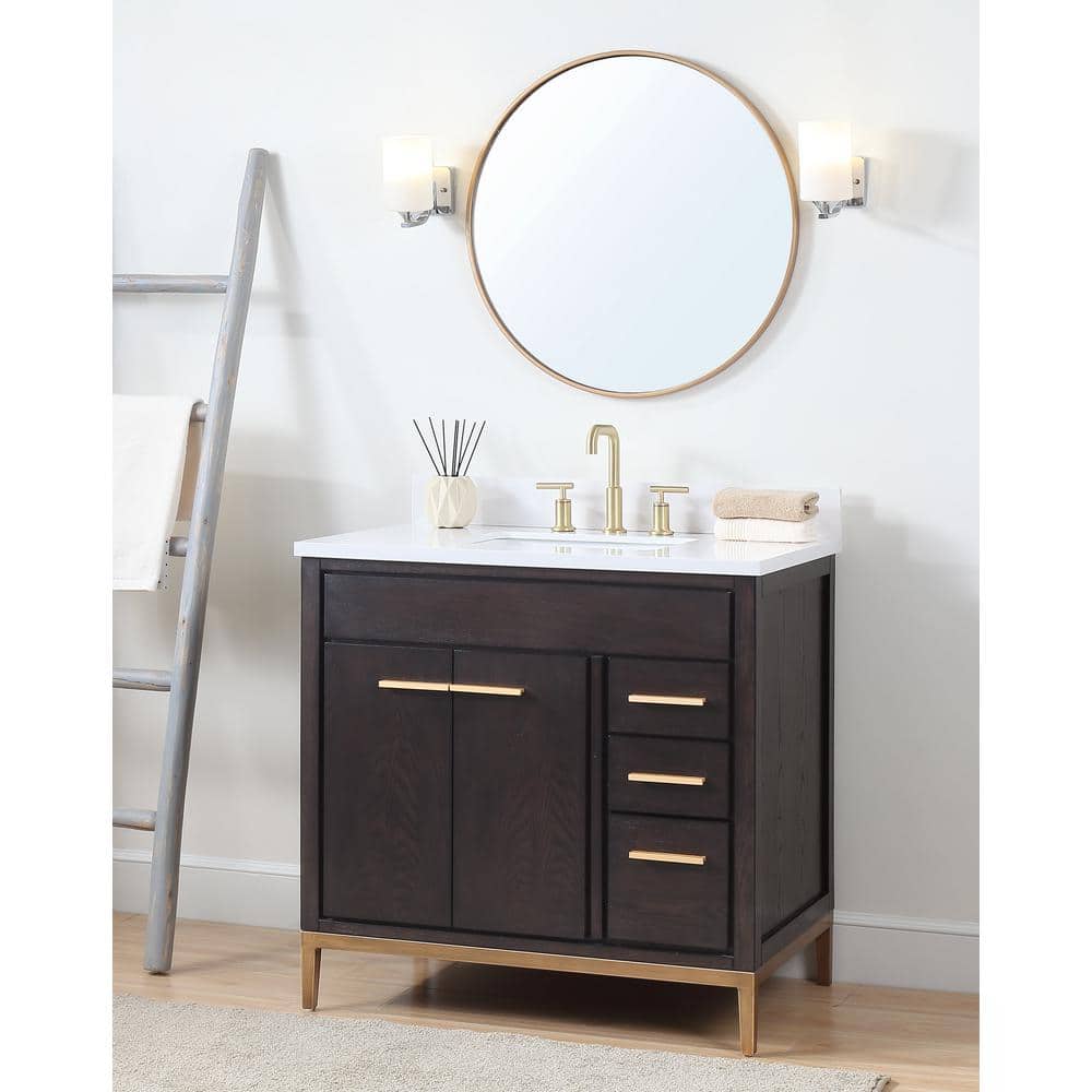 36" Wenge Espresso Modern Bathroom Vanity with White Quartz Top