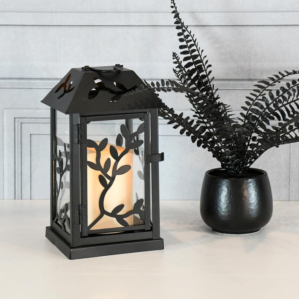 Bronze Floral Print LED Lantern with Flameless Candle