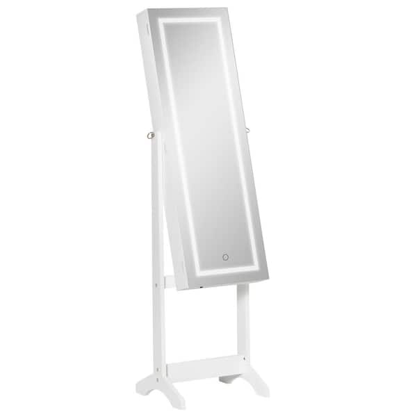 White Floor Standing Lockable Jewelry Cabinet Organizer with LED Light, Full-Length Mirror and 4-Adjustable Angles