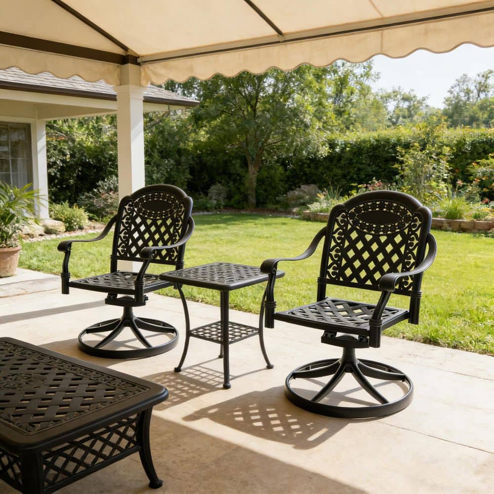 2-Piece Black Cast Aluminum Outdoor Swivel Chair Patio Lounge