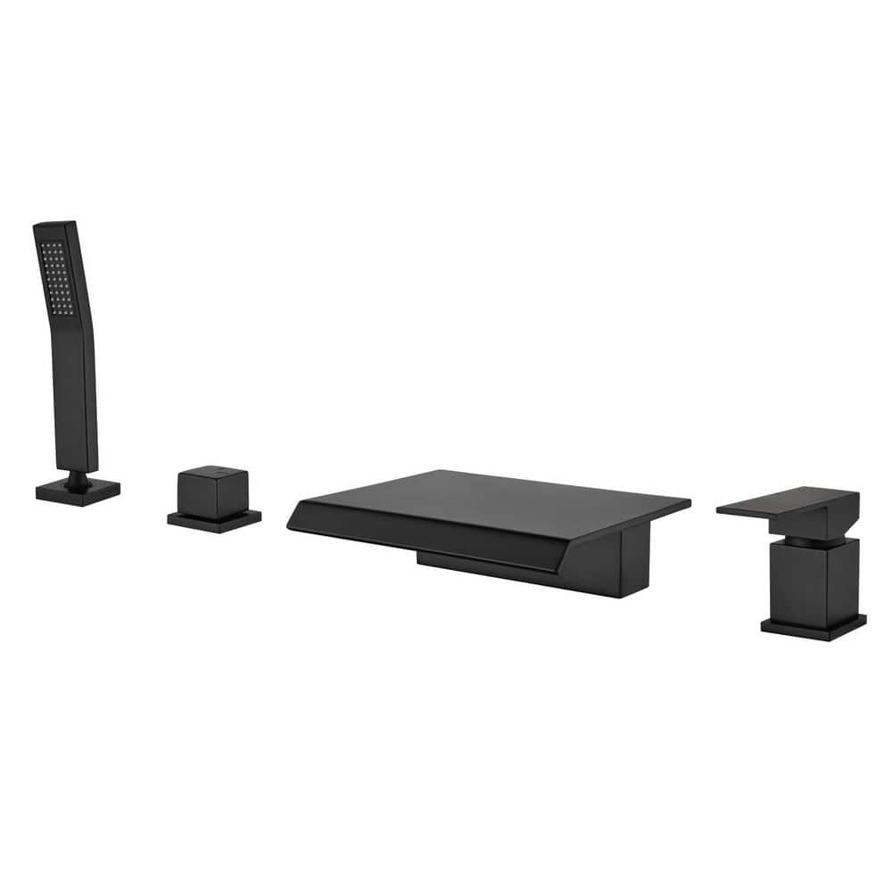 2-Handle Deck-Mount Waterfall Roman Tub Faucet with Hand Shower in Matte Black