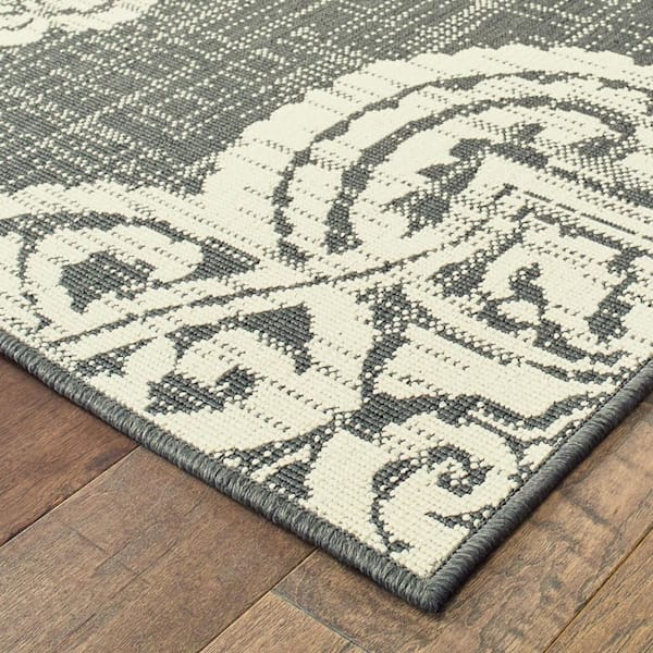 Gray, Ivory 2 ft. x 8 ft. Loomed Oriental Polypropylene Rectangle Indoor/Outdoor Area Rug