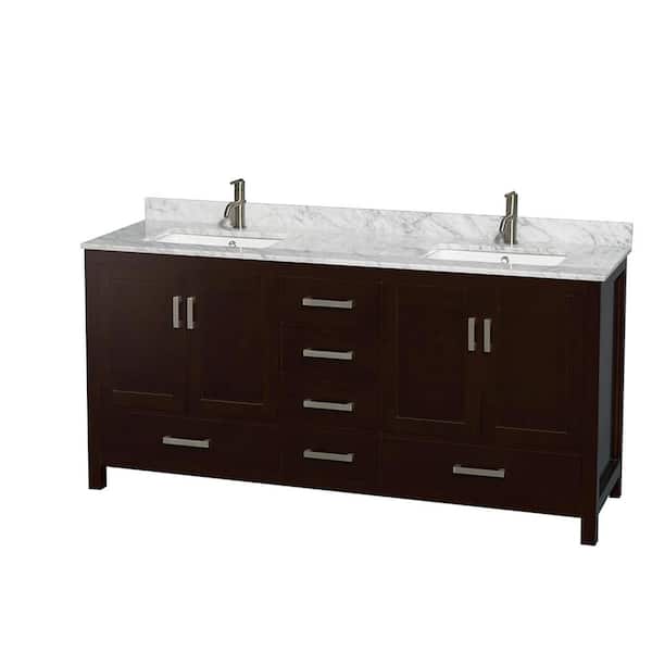 Wyndham Collection Sheffield 72 in. W x 22 in. D x 35 in. H Double Bath Vanity in Espresso with White Carrara Marble Top