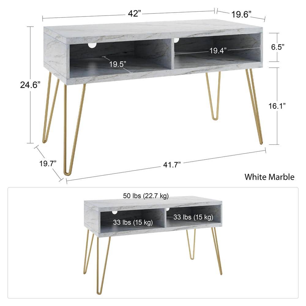Athena 42'' White Faux Marble TV Stand with Gold Legs