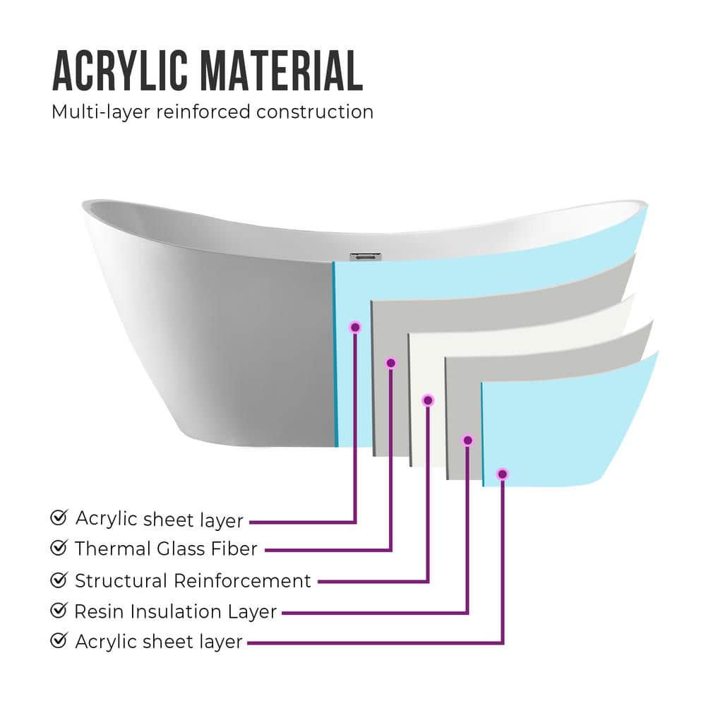 White Acrylic 71" Freestanding Soaking Bathtub with Chrome Drain