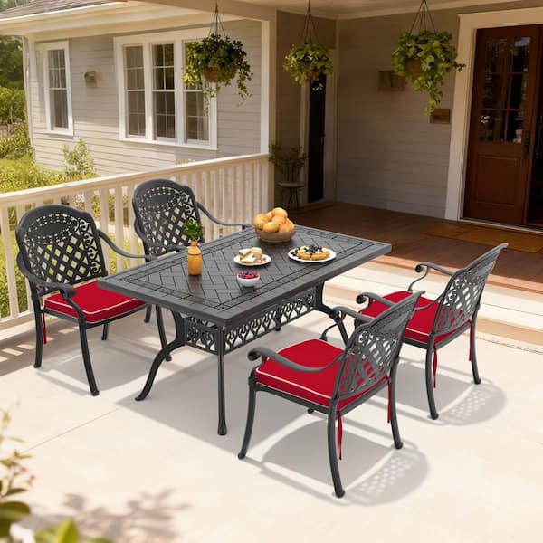 Black 5-Piece Rust-Free Cast Aluminum Outdoor Dining Set with Rectangular Table, 4 Dining Chairs and Red Cushions