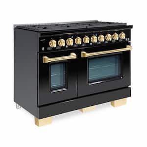 BOLD 48 in. TTL 6.7 cu. ft. 8 Burner Freestanding All Gas Range with Gas Stove, Gas Oven, Glossy Black with Brass Trim
