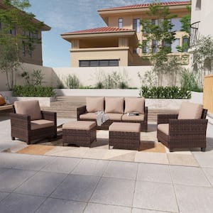 5-Piece Brown Wicker Patio Sofa Set Outdoor Conversation Set with 3-Seat Sofa Ottomans, Sand Cushions