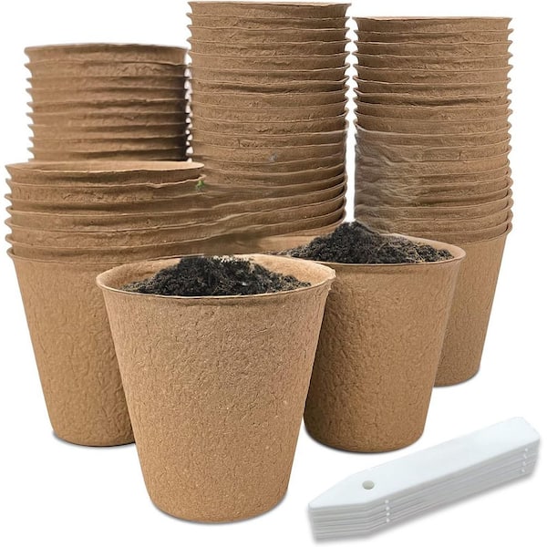 Phewnyzo 3.15 in. Outdoor Seed Germination Trays Biodegradable Eco-Friendly Seedling Kit with 10 Plant Labels, Khaki (40-Pack)