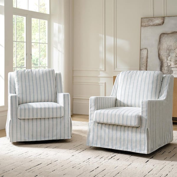 Andres Blue Farmhouse Slipcovered Polyester Swivel Arm Chair Set of 2 with Pillow Back