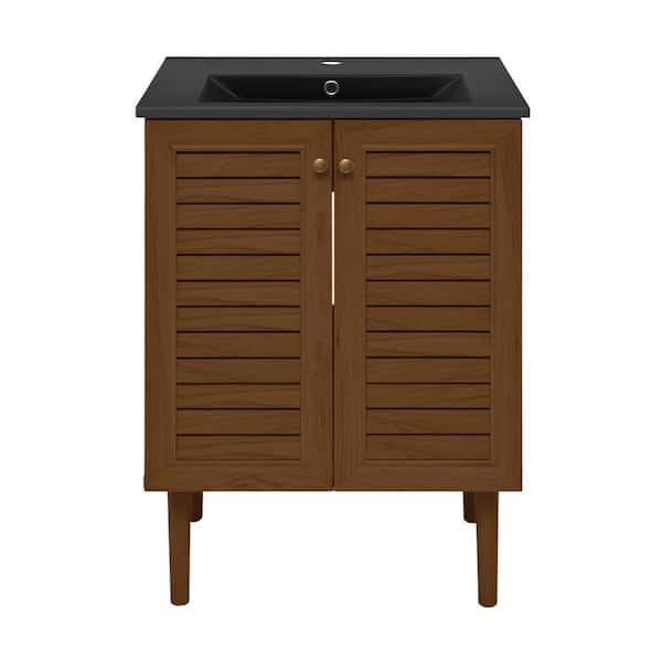 Swiss Madison Bron 24 in. Freestanding Bathroom Vanity in Brown Oak with Black Ceramic Sink Top