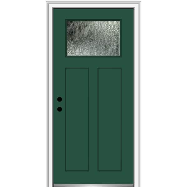 MMI Door 36 in. x 80 in. Right-Hand Inswing Rain Glass Hunter Green Fiberglass Prehung Front Door on 6-9/16 in. Frame