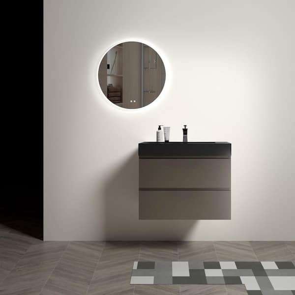 FUNKOL 30 in. W Modern Wall Mounted Floating Bathroom Vanity with 2 Drawers and Single Black Sink in Gray