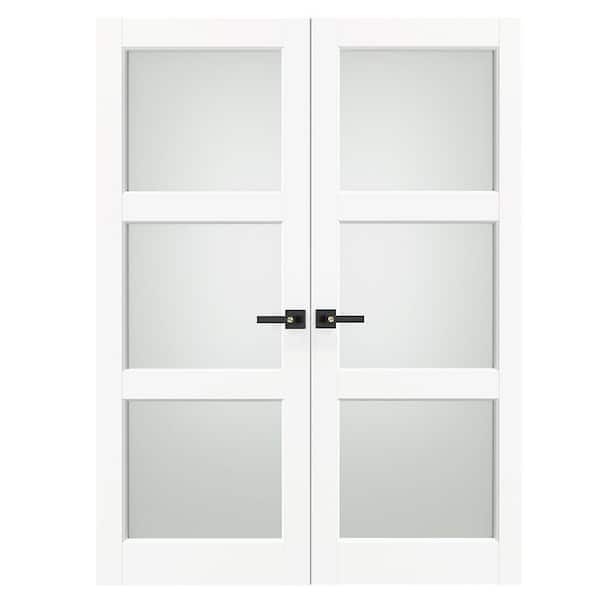 64 in. x 80 in. Solid Wood and MDF, Primed, White, 3 Lite, Frosted Glass Interior Door Slab With Black Lever Handle