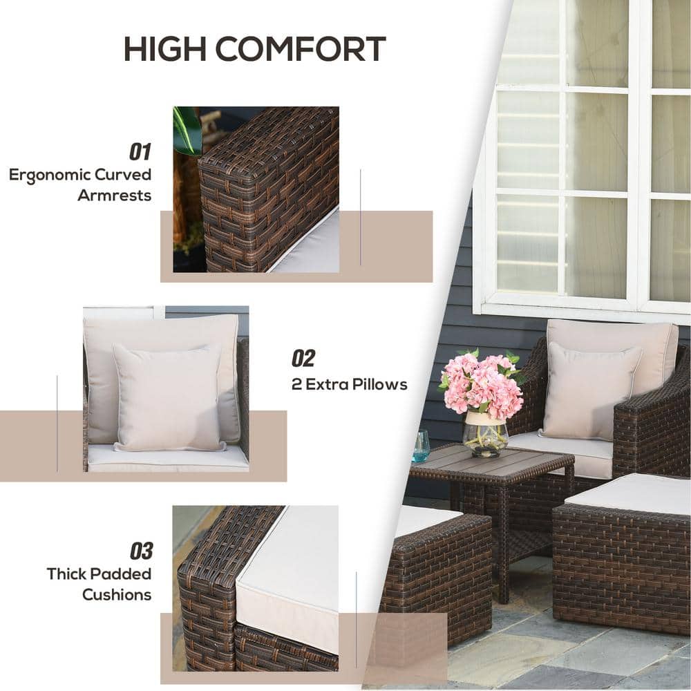 Beige PE Rattan 5-Piece Outdoor Patio Conversation Set
