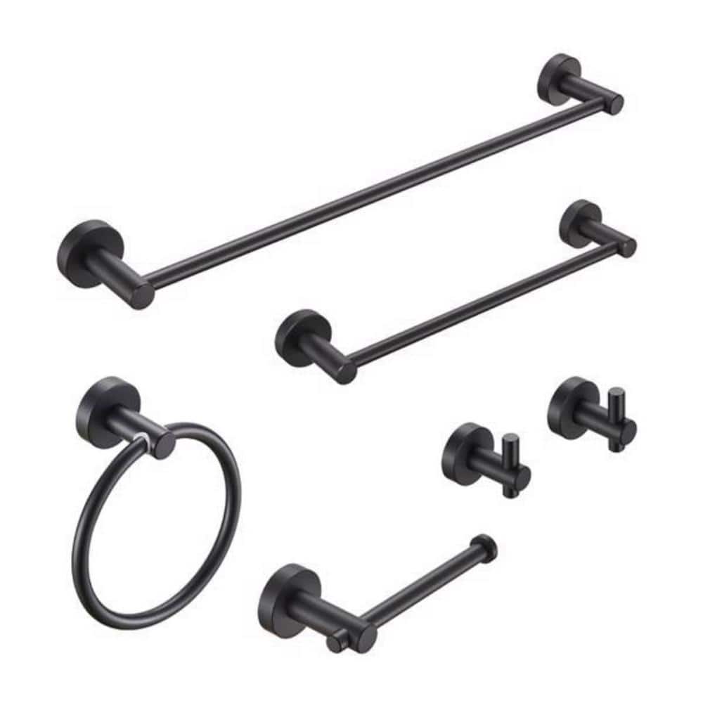 6Piece Towel Bar Set in Matte Black 24 in. Wall Mounted Bathroom Hardware Set Thicken Space