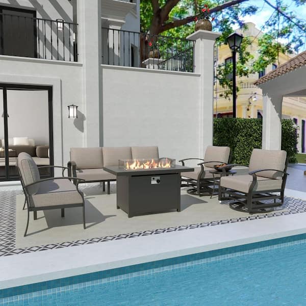 Halmuz 6-Piece Aluminum Patio Fire Pit Sectional Seating Set with Swivel Rocking Chairs and Sand Cushions