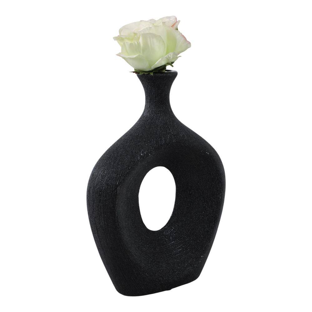 Black Ceramic Beaded Oval Vase with Cut-Out Design